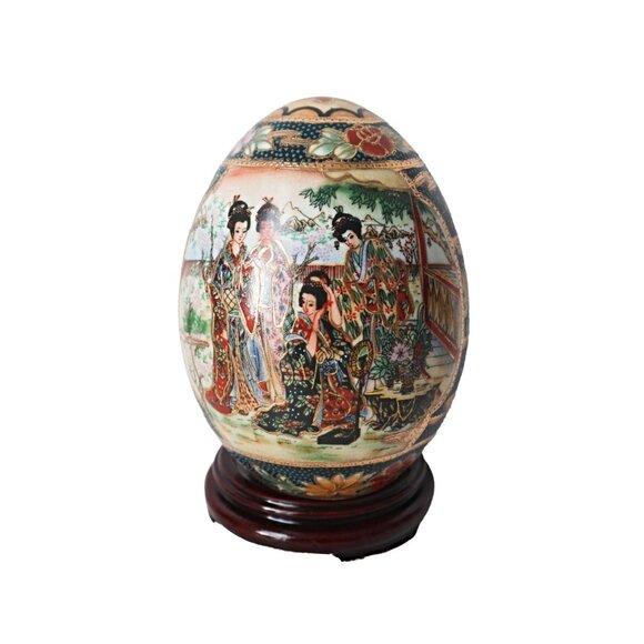 Vintage Satsuma Geisha 5 3/4" Porcelain Egg With Wood Stand - Picture 1 of 6